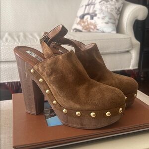INC International Concepts Tan Suede Clogs with Gold Buckle